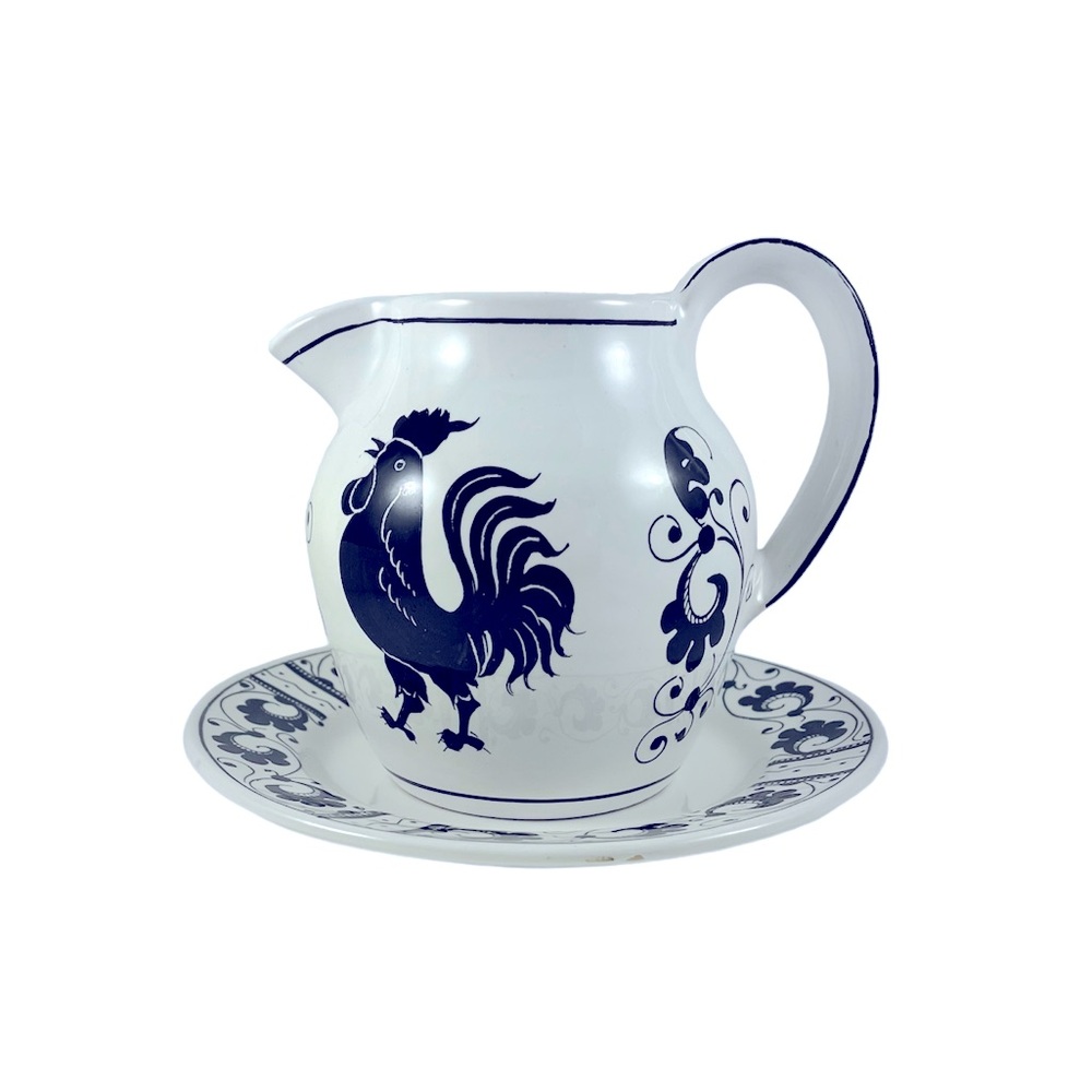 Peasant Village Ceramic Black & White Rooster Pitcher & Plate Set Made in Italy